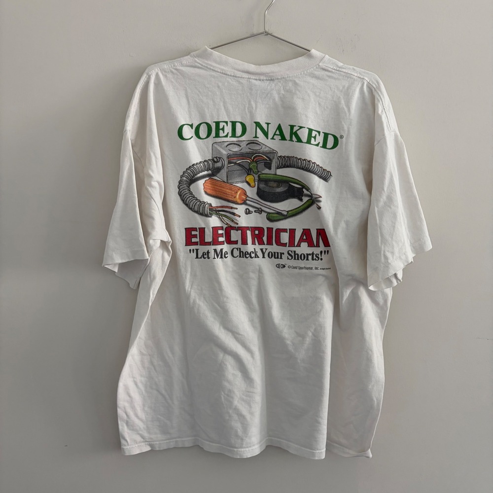 Vintage Coed Naked Electrician Let Me Check Your Shorts T-Shirt XXL White USA